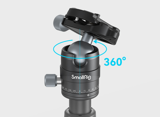 Build-in ball head for Arca-Swiss plate with 360° swivel
