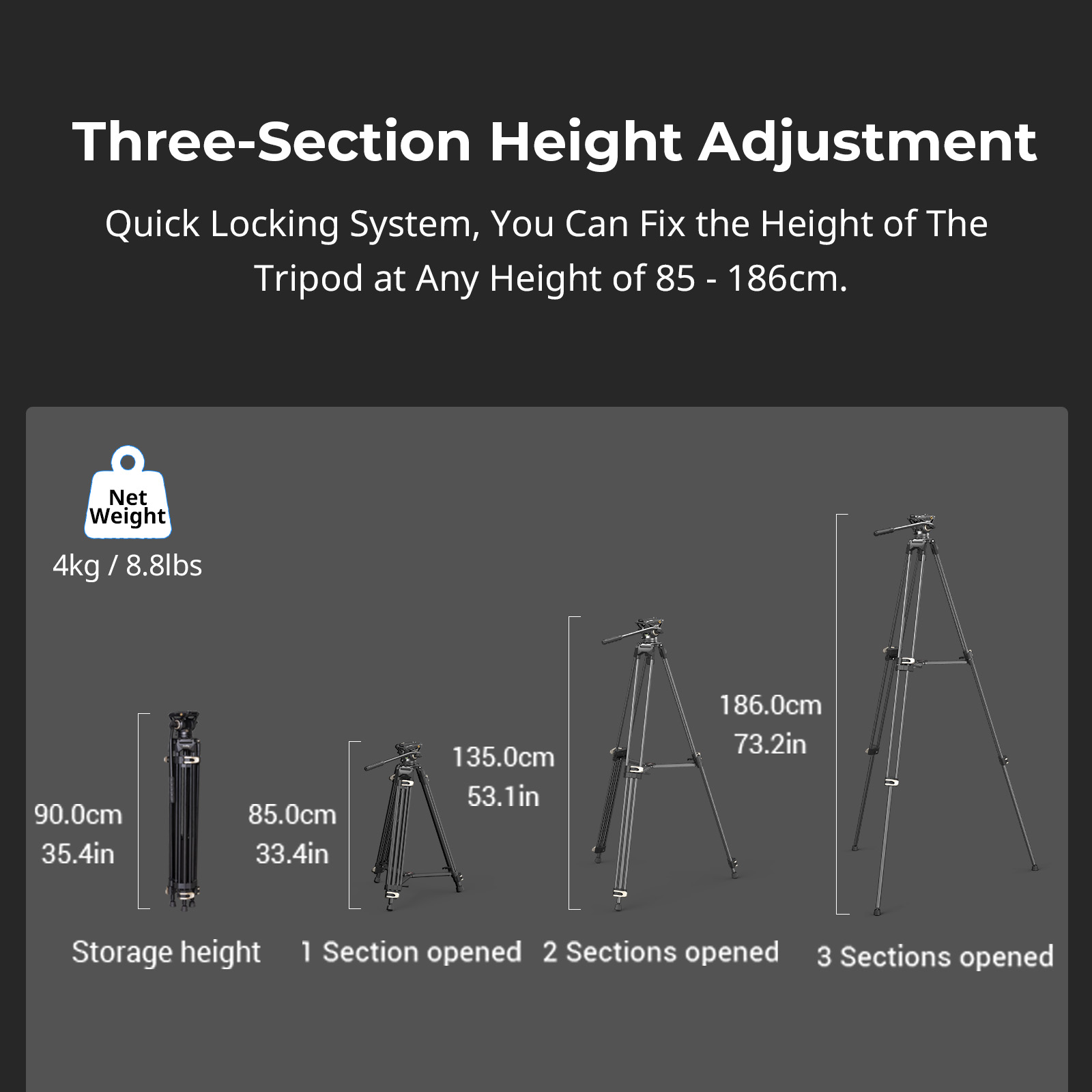 AD-01 Heavy-Duty Tripod (186cm Height, 8kg Load, 4kg Weight) with Fluid Head for Video - immagine 8