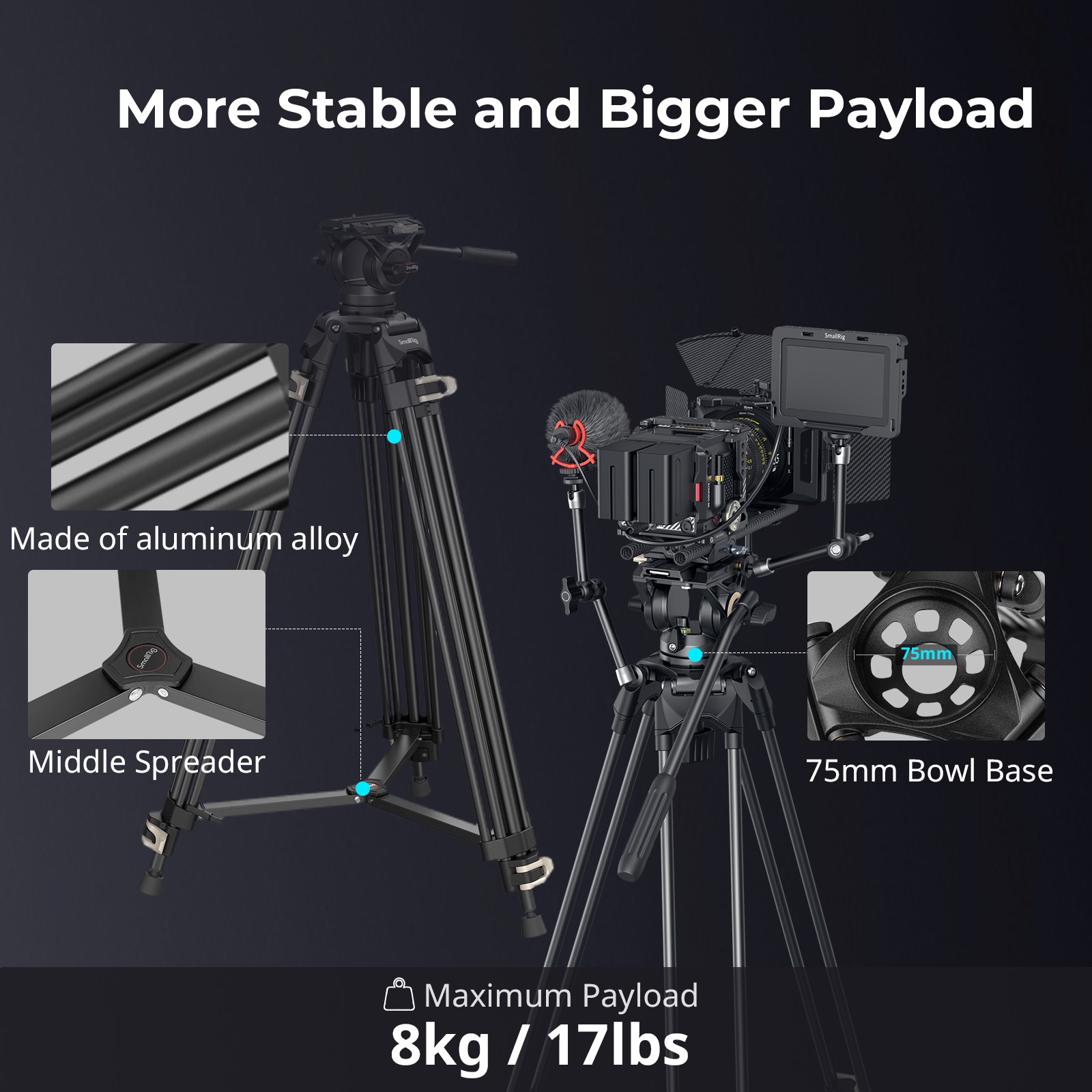 AD-01 Heavy-Duty Tripod (186cm Height, 8kg Load, 4kg Weight) with Fluid Head for Video - immagine 10