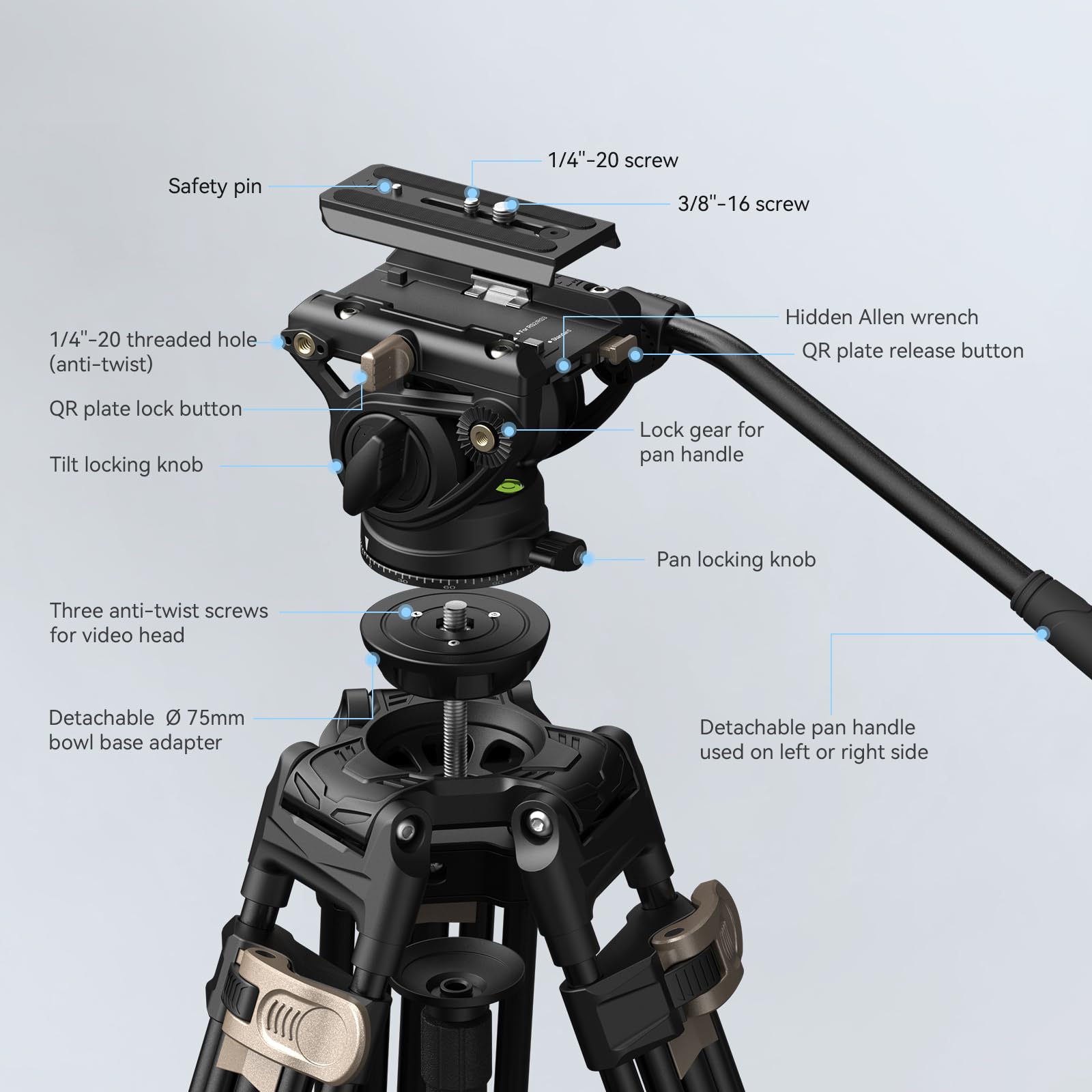 FreeBlazer Heavy-Duty Tripod Kit (191cm Height, 8kg Load, 4.4kg Weight) with Fluid Head for Video - immagine 6