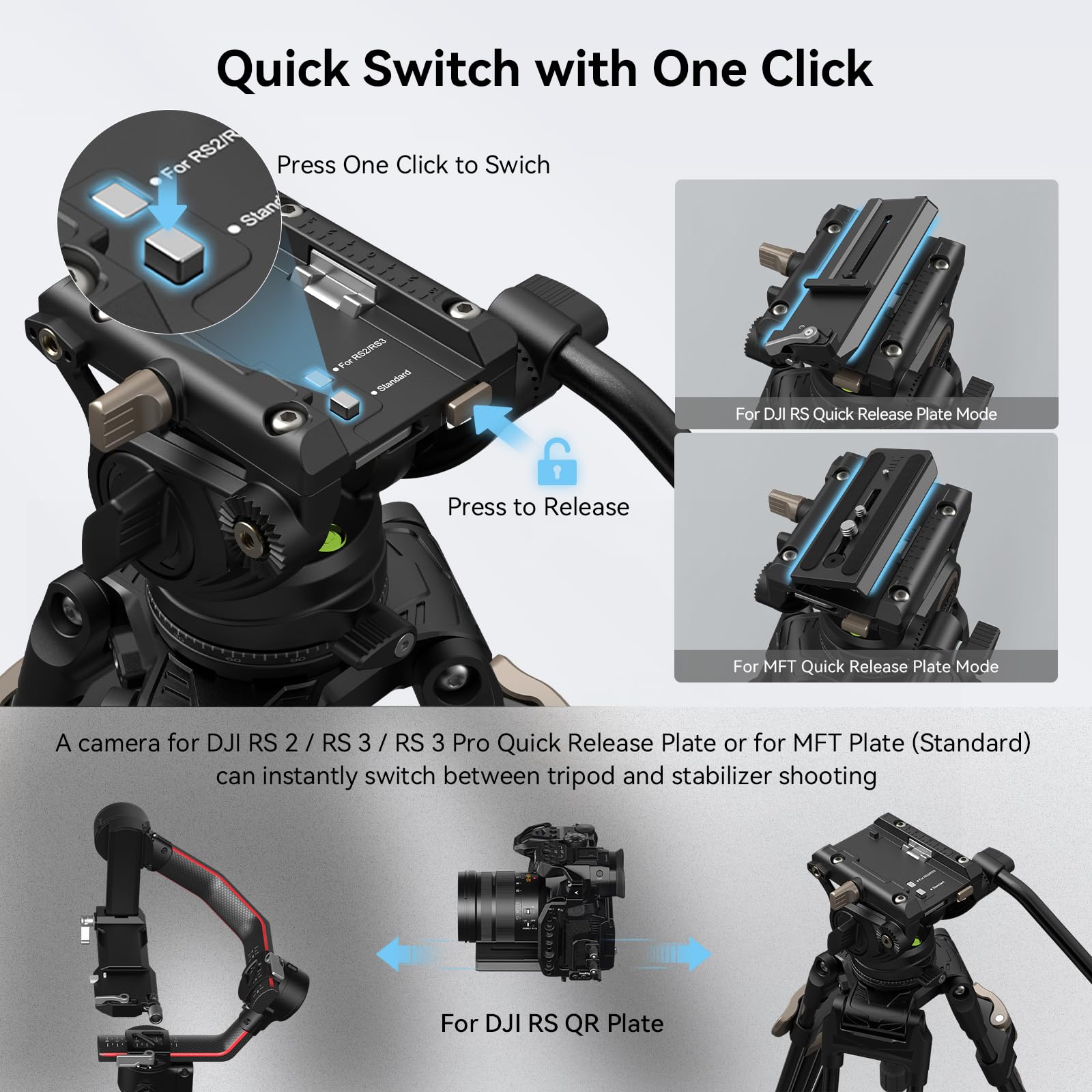 FreeBlazer Heavy-Duty Tripod Kit (191cm Height, 8kg Load, 4.4kg Weight) with Fluid Head for Video - immagine 5