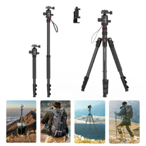 Camera Tripod (180cm Height, 15kg Load, 1.53kg Weight) with Arca Ball Head & Phone Holder for Travel