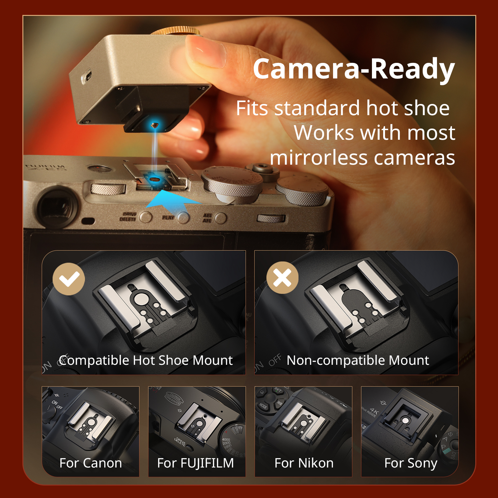 Retro Mini Speedlite Flash 45g for Compact Mirrorless (Fujifilm/Nikon/Sony/Ricoh), GN8-10, 5 Levels - immagine 4