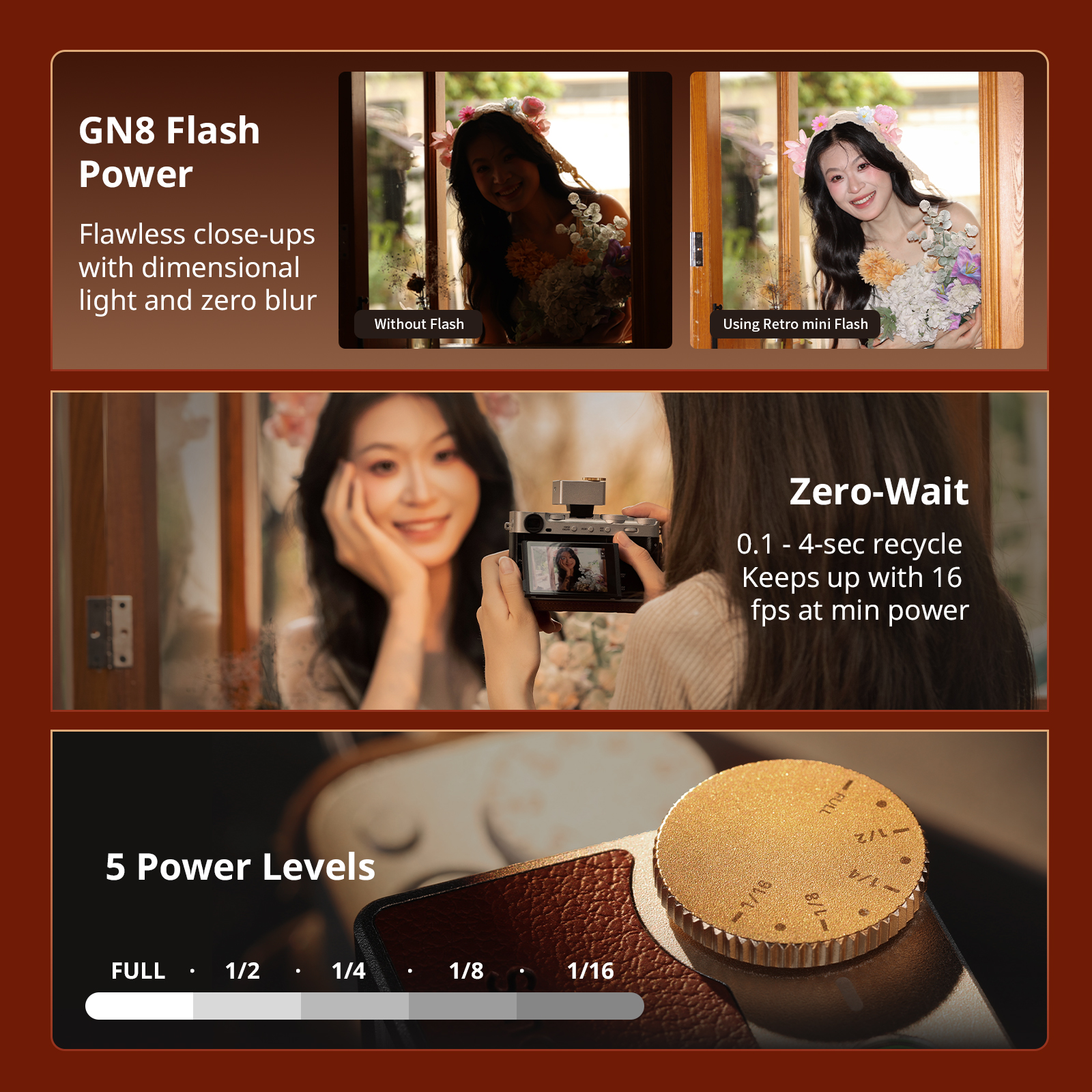 Retro Mini Speedlite Flash 45g for Compact Mirrorless (Fujifilm/Nikon/Sony/Ricoh), GN8-10, 5 Levels - immagine 6
