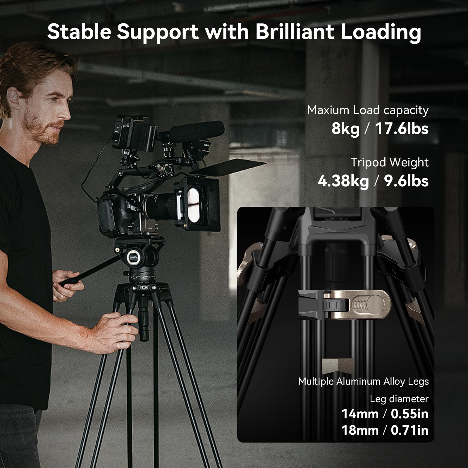 FreeBlazer Heavy-Duty Tripod Kit (191cm Height, 8kg Load, 4.4kg Weight) with Fluid Head for Video - immagine 3