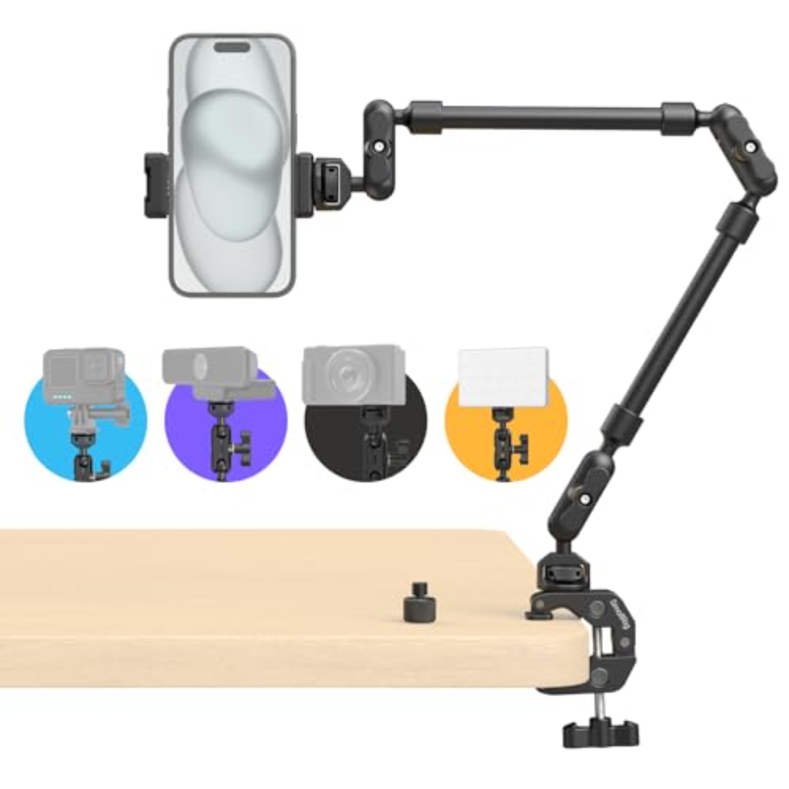 Desktop Shooting Magic Arm with Crab Clamp Kit for Phone, Webcam & Action Camera - immagine 2
