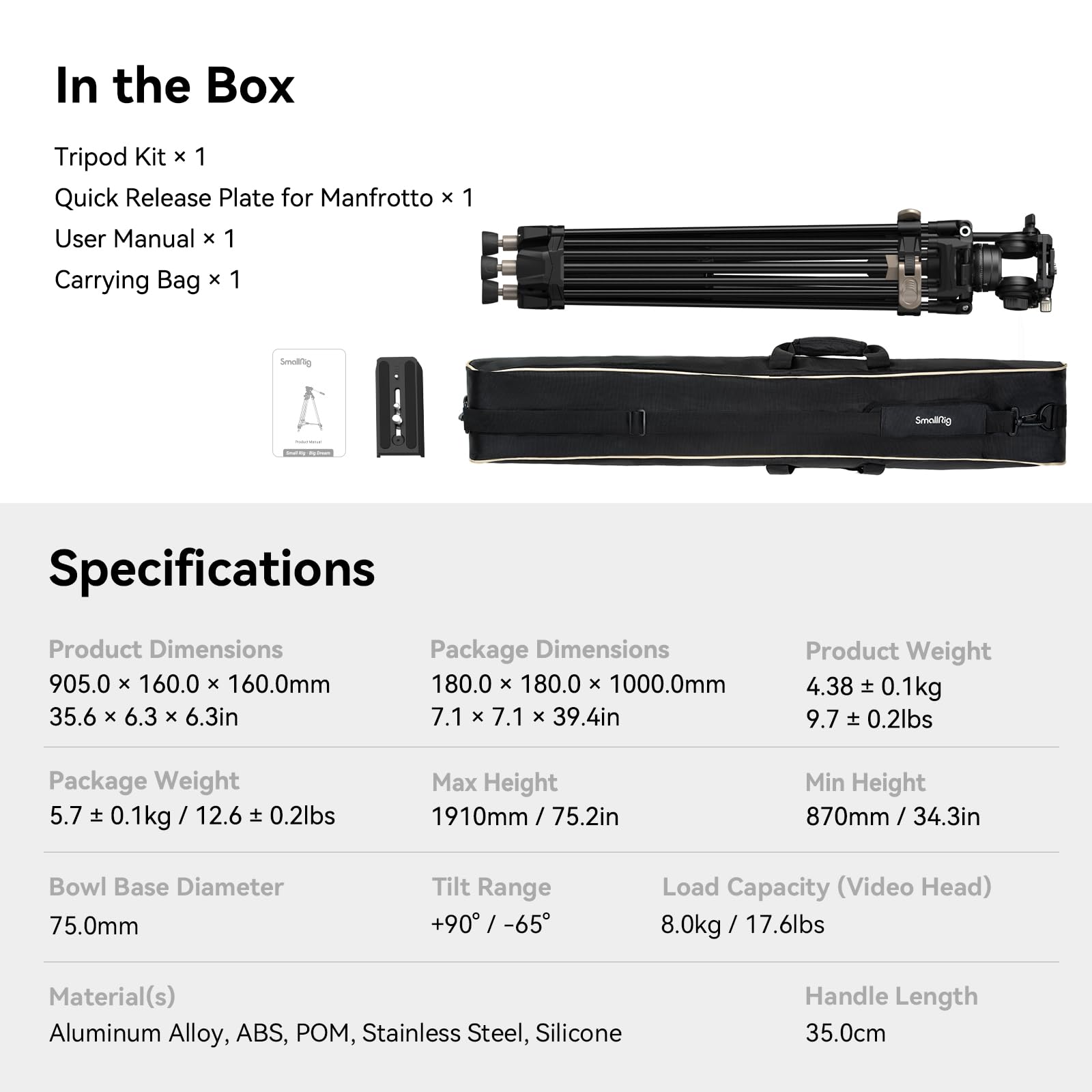 FreeBlazer Heavy-Duty Tripod Kit (191cm Height, 8kg Load, 4.4kg Weight) with Fluid Head for Video - immagine 9