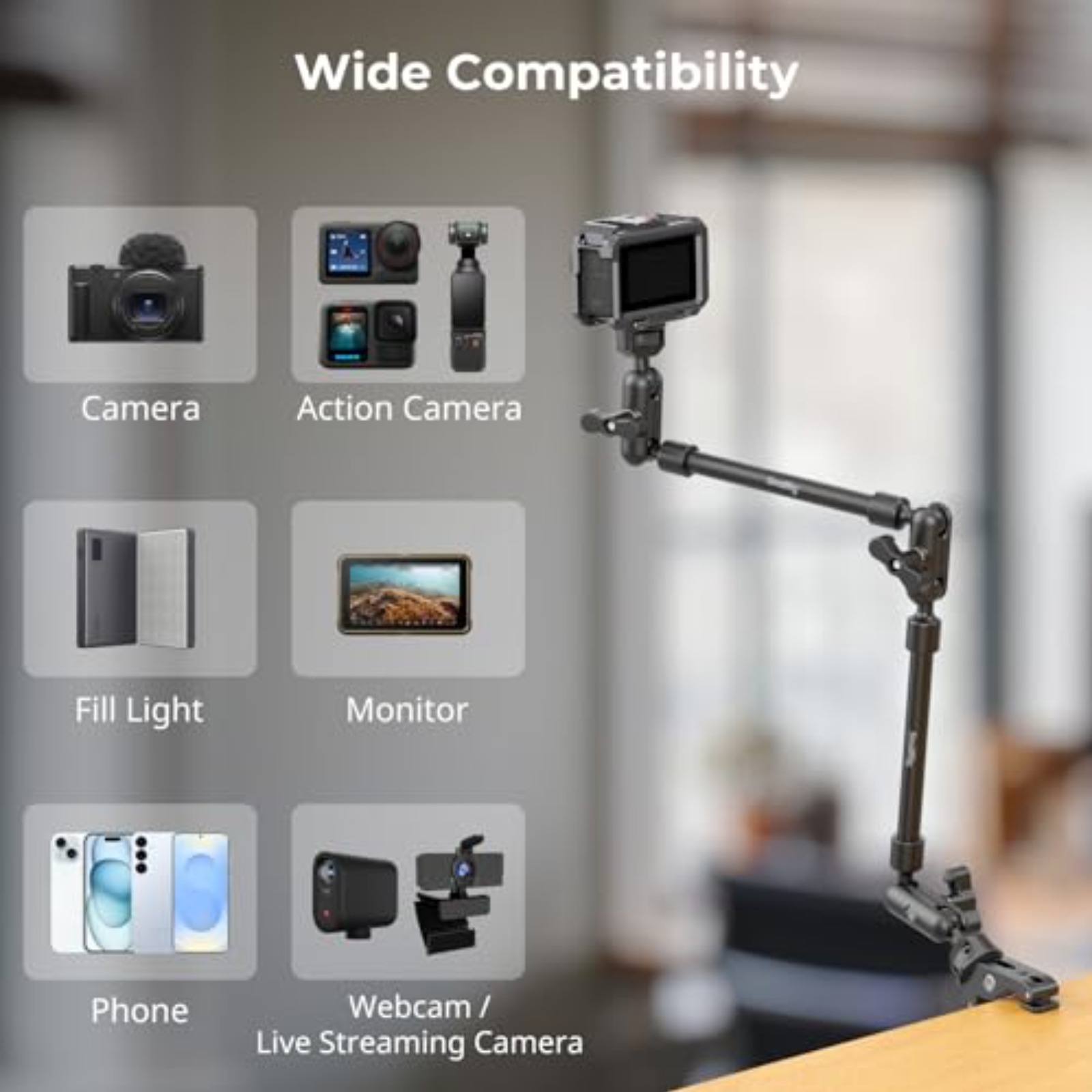 Desktop Shooting Magic Arm with Crab Clamp Kit for Phone, Webcam & Action Camera - immagine 5