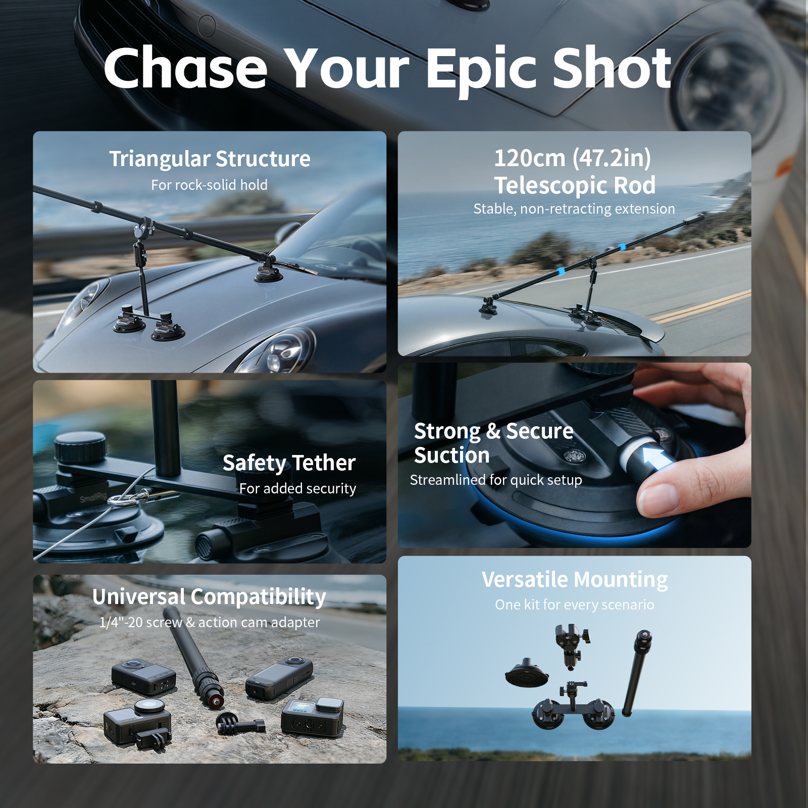 Vehicle Suction Cup Support Kit Invisible Stick for Car & Bicycle Action Camera Shooting - immagine 3