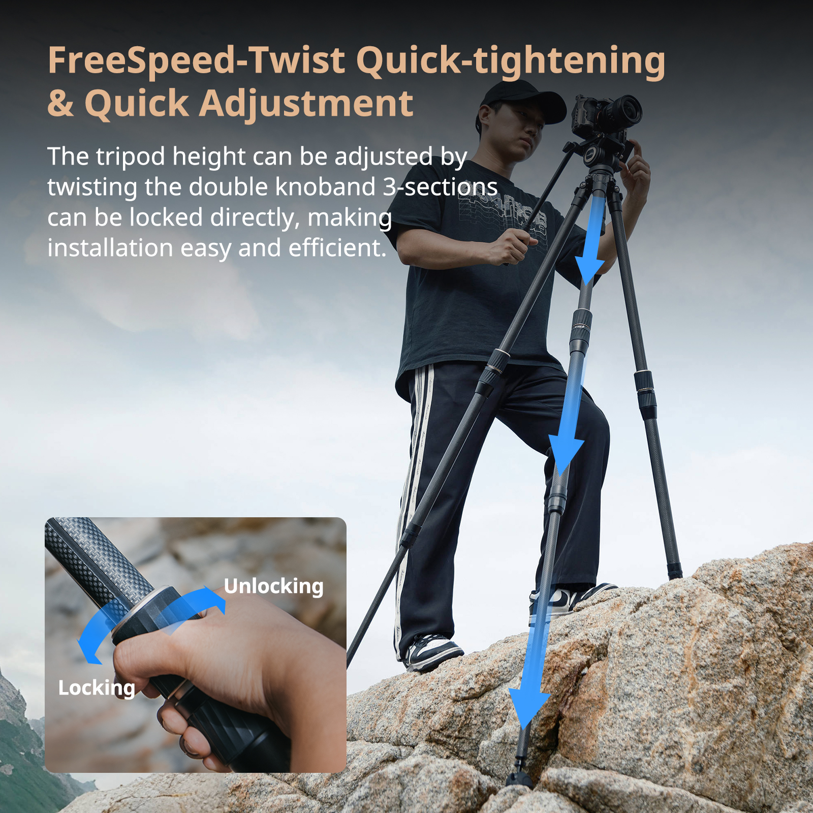 Carbon Fiber Video Tripod (2.1kg, 15kg Load) with FreeSpeed Legs & 65mm Bowl Fluid Head (10kg Load) - immagine 2